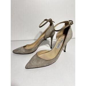 Jimmy Choo Beige Suede Lucy Ankle Strap Pointed Toe D'Orsay Pump Heel 9 US 39 EU